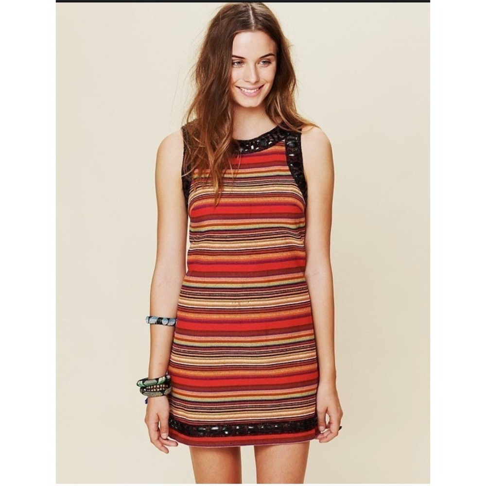 Free People New Romantics Tapestry Mini Dress Size 2 Striped Embellished Boho